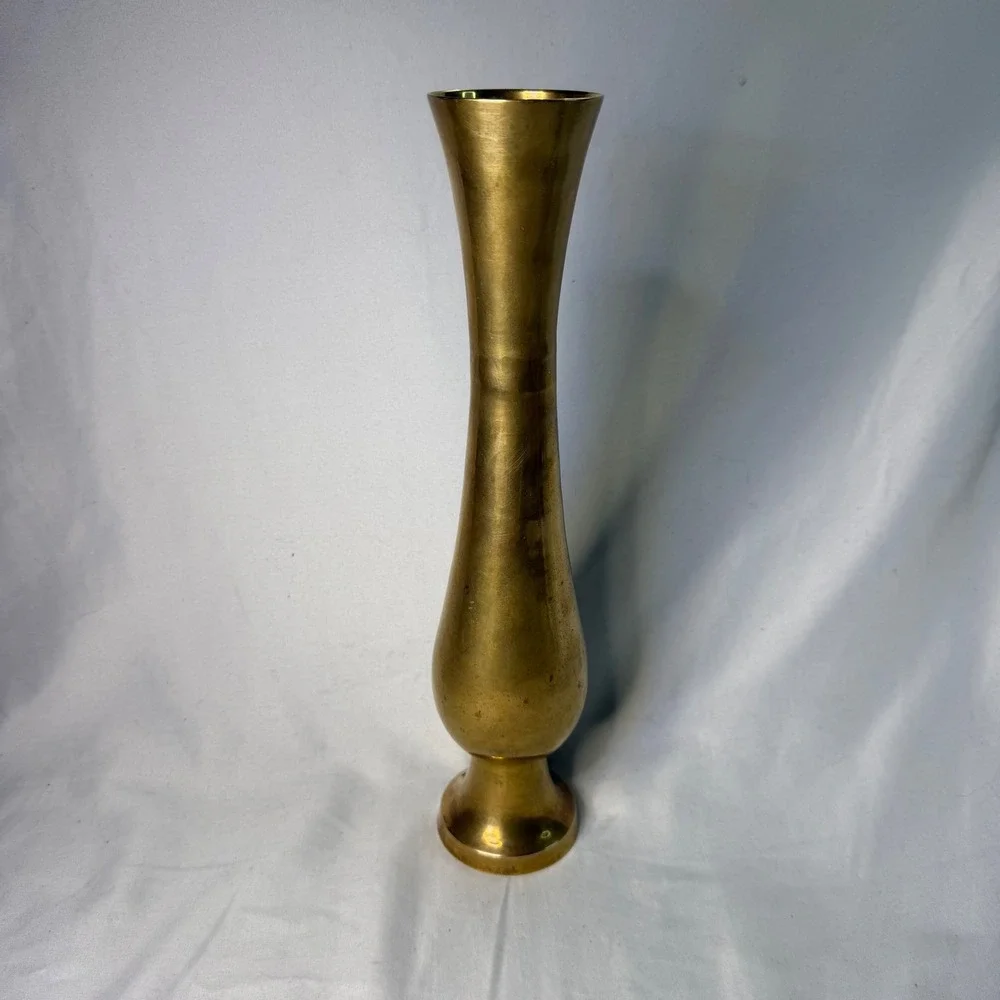 Vintage Solid Brass Bud Vase Tall Slender Gold Tone Flower Holder 12.75 Inch